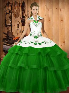 Green Ball Gowns Organza Halter Top Sleeveless Embroidery and Ruffled Layers Lace Up Vestidos de Quinceanera Sweep Train