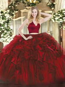 Wine Red Zipper Sweet 16 Dresses Ruffles Sleeveless Floor Length