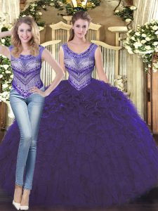 Suitable Sleeveless Floor Length Beading and Ruffles Lace Up Sweet 16 Dress with Purple