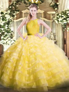 Sleeveless Organza Floor Length Zipper 15th Birthday Dress in Yellow with Ruffled Layers
