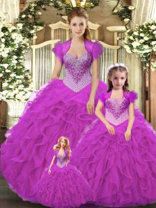 Fuchsia 15 Quinceanera Dress Military Ball and Sweet 16 and Quinceanera with Beading and Ruffles Straps Sleeveless Lace Up
