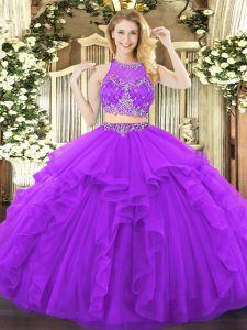 Purple Sleeveless Beading and Ruffles Floor Length Sweet 16 Dress