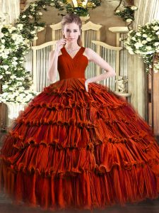 Vintage Organza V-neck Sleeveless Zipper Ruffled Layers 15 Quinceanera Dress in Rust Red