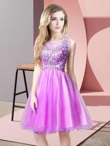 Scoop Sleeveless Prom Gown Knee Length Beading Lilac Tulle