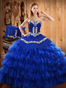 Blue Quinceanera Gown Military Ball and Sweet 16 and Quinceanera with Embroidery and Ruffled Layers Strapless Sleeveless Lace Up