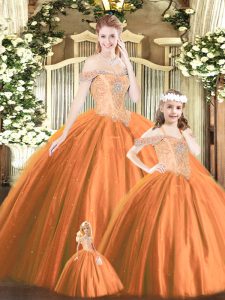 Sleeveless Tulle Floor Length Lace Up Sweet 16 Quinceanera Dress in Orange Red with Beading