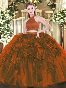 Brown Sleeveless Beading and Ruffles Floor Length Sweet 16 Quinceanera Dress