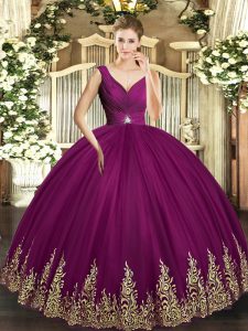 Vintage Fuchsia Ball Gowns Beading and Appliques and Ruching Quinceanera Dresses Backless Tulle Sleeveless Floor Length