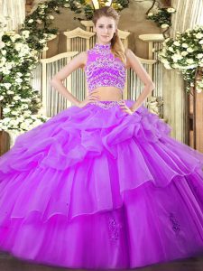 Floor Length Eggplant Purple 15th Birthday Dress High-neck Sleeveless Backless