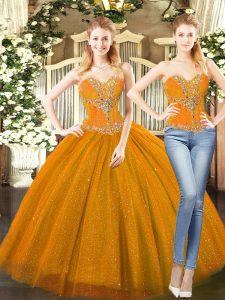 Hot Sale Orange Red Sleeveless Floor Length Beading Lace Up Sweet 16 Dresses
