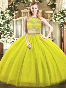 Glamorous Olive Green Sleeveless Floor Length Beading Zipper Sweet 16 Dresses