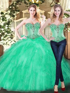 Wonderful Floor Length Lace Up Sweet 16 Quinceanera Dress Green for Military Ball and Sweet 16 and Quinceanera with Beading and Ruffles