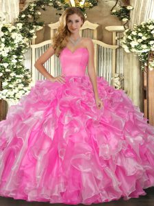 Latest Floor Length Rose Pink 15 Quinceanera Dress Sweetheart Sleeveless Lace Up
