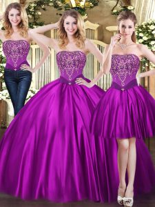 High Quality Three Pieces Quinceanera Dresses Purple Sweetheart Tulle Sleeveless Floor Length Lace Up