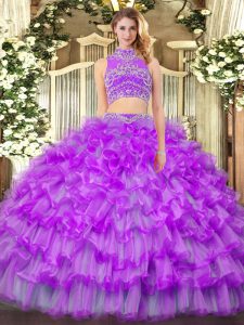 Floor Length Backless Vestidos de Quinceanera Purple for Military Ball and Sweet 16 and Quinceanera and Beach with Beading and Ruffled Layers