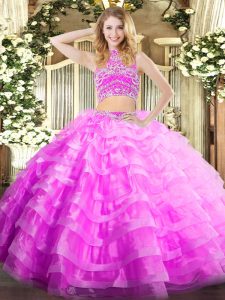 Tulle High-neck Sleeveless Backless Beading and Ruffled Layers 15th Birthday Dress in Lilac