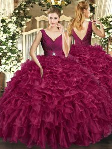 Burgundy Organza Backless V-neck Sleeveless Floor Length Ball Gown Prom Dress Beading and Ruffles