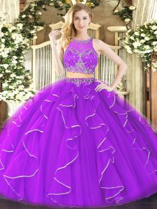 Floor Length Purple Quinceanera Gowns Scoop Sleeveless Zipper