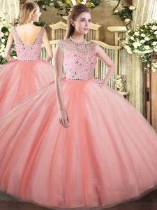 Hot Sale Floor Length Peach Quince Ball Gowns Tulle Sleeveless Beading