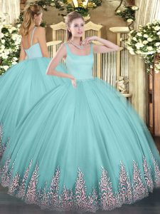 Sexy Floor Length Aqua Blue Ball Gown Prom Dress Straps Sleeveless Zipper