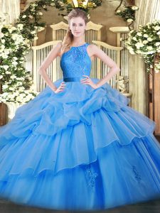 Graceful Floor Length Zipper Quinceanera Dress Baby Blue for Military Ball and Sweet 16 and Quinceanera with Lace and Ruffled Layers