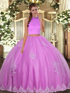 Classical Lilac 15th Birthday Dress Military Ball and Sweet 16 and Quinceanera with Beading and Appliques Halter Top Sleeveless Backless