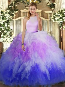 Multi-color Ball Gowns Scoop Sleeveless Tulle Floor Length Backless Beading and Ruffles Sweet 16 Quinceanera Dress