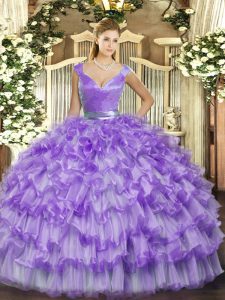 Lavender Quinceanera Gown Military Ball and Sweet 16 and Quinceanera with Ruffled Layers V-neck Sleeveless Zipper