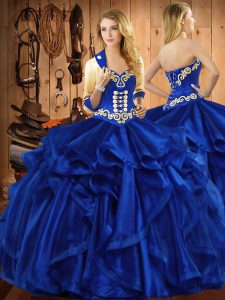 Excellent Royal Blue Ball Gowns Sweetheart Sleeveless Organza Floor Length Lace Up Embroidery and Ruffles 15th Birthday Dress