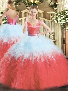 Multi-color Ball Gowns V-neck Sleeveless Organza Floor Length Zipper Ruffles Sweet 16 Dresses
