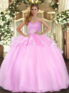 Nice Pink Organza Lace Up Vestidos de Quinceanera Sleeveless Floor Length Beading and Ruffles