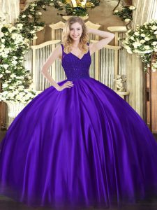 Sleeveless Taffeta Floor Length Zipper 15th Birthday Dress in Purple with Beading