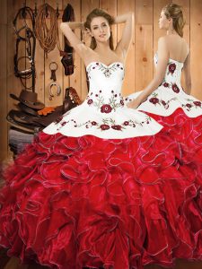 Halter Top Sleeveless Lace Up Sweet 16 Dresses White And Red Satin and Organza