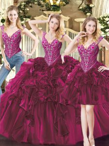 Gorgeous Fuchsia Organza Lace Up V-neck Sleeveless Floor Length Quinceanera Gown Beading and Ruffles