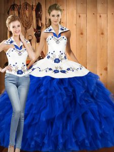 Sumptuous Halter Top Sleeveless Quinceanera Dress Floor Length Embroidery and Ruffles Blue And White Satin and Organza