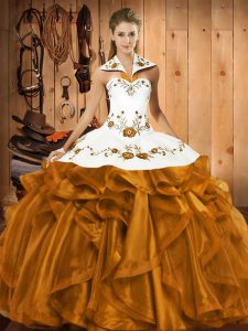 Dynamic Brown Lace Up Halter Top Embroidery and Ruffles 15th Birthday Dress Satin and Organza Sleeveless