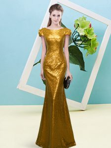 Luxurious Gold Cap Sleeves Sequins Floor Length Homecoming Dress