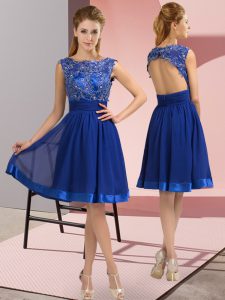 Cute Sleeveless Knee Length Appliques Backless Evening Dress with Royal Blue