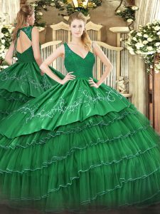 Deluxe Sleeveless Beading and Lace and Embroidery and Ruffled Layers Backless Quinceanera Gown