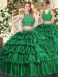 Free and Easy Dark Green Sleeveless Floor Length Beading and Appliques and Ruffled Layers Zipper Sweet 16 Dress