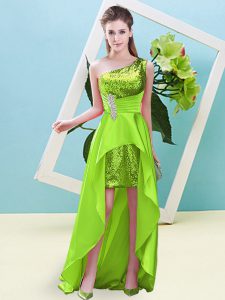 Yellow Green A-line Elastic Woven Satin and Sequined One Shoulder Sleeveless Beading and Sequins High Low Lace Up Prom Gown