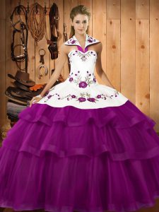 Sleeveless Embroidery and Ruffled Layers Lace Up Sweet 16 Quinceanera Dress with Eggplant Purple and White And Red Sweep Train