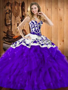 Customized Purple Sleeveless Floor Length Embroidery and Ruffles Lace Up Sweet 16 Dress