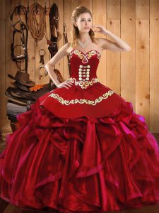 Inexpensive Wine Red Sleeveless Floor Length Embroidery and Ruffles Lace Up Quinceanera Gown