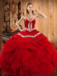 Wine Red Sleeveless Floor Length Embroidery and Ruffles Lace Up Sweet 16 Dresses
