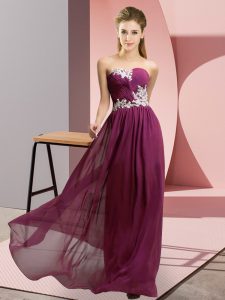 Dark Purple Chiffon Lace Up Prom Dress Sleeveless Floor Length Appliques