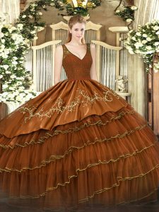 Modest Rust Red V-neck Backless Beading and Lace and Embroidery and Ruffled Layers Quinceanera Gown Sleeveless