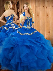 Custom Fit Blue Satin and Organza Lace Up Quinceanera Gowns Sleeveless Floor Length Embroidery and Ruffles