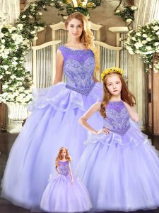 Fantastic Lavender Sleeveless Floor Length Beading Lace Up Quinceanera Gown