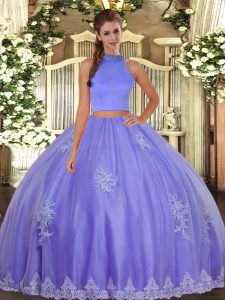 Pretty Lavender Backless Halter Top Beading and Appliques Quinceanera Gown Tulle Sleeveless